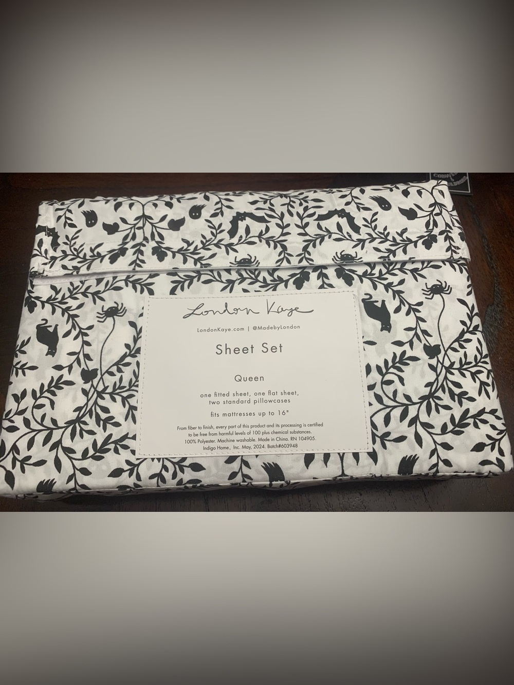 Queen Sheet Set in White and Black Floral, Bats and Cats
